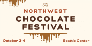 Promotional poster for The Northwest Chocolate Festival featuring dripping chocolate graphics, event dates October 3-4, and Seattle Center location.