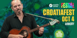 A musician with a beard plays an acoustic guitar against a teal background with tropical foliage, with CroatiaFest event details and Seattle Center Festa logos displayed to the right.